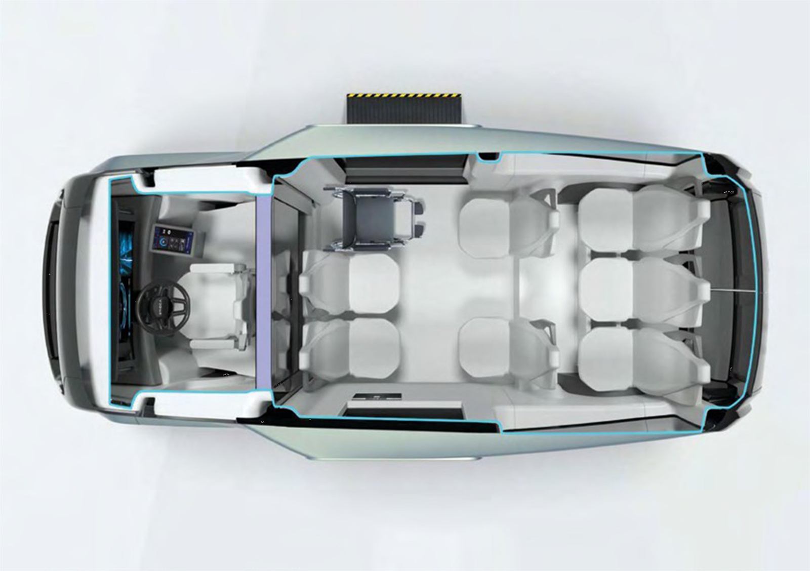 Top view of the ETIOCA vehicle layout with driver cabin and passenger area